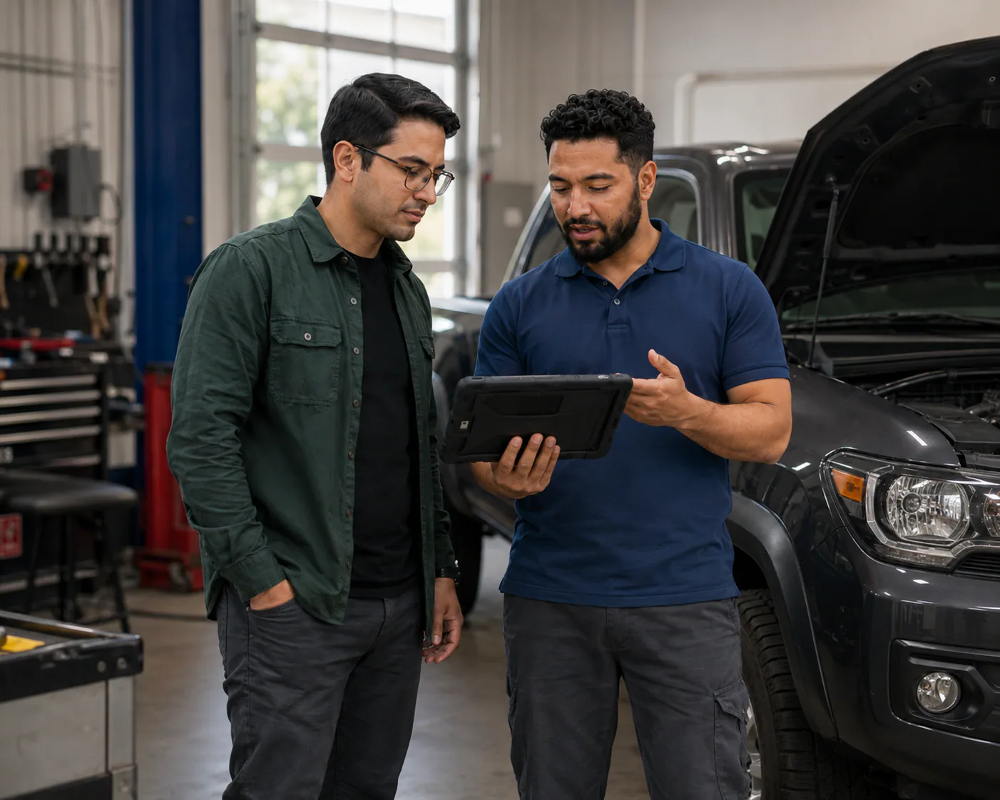 Dale Works validating a custom automotive job-management application inside a repair shop