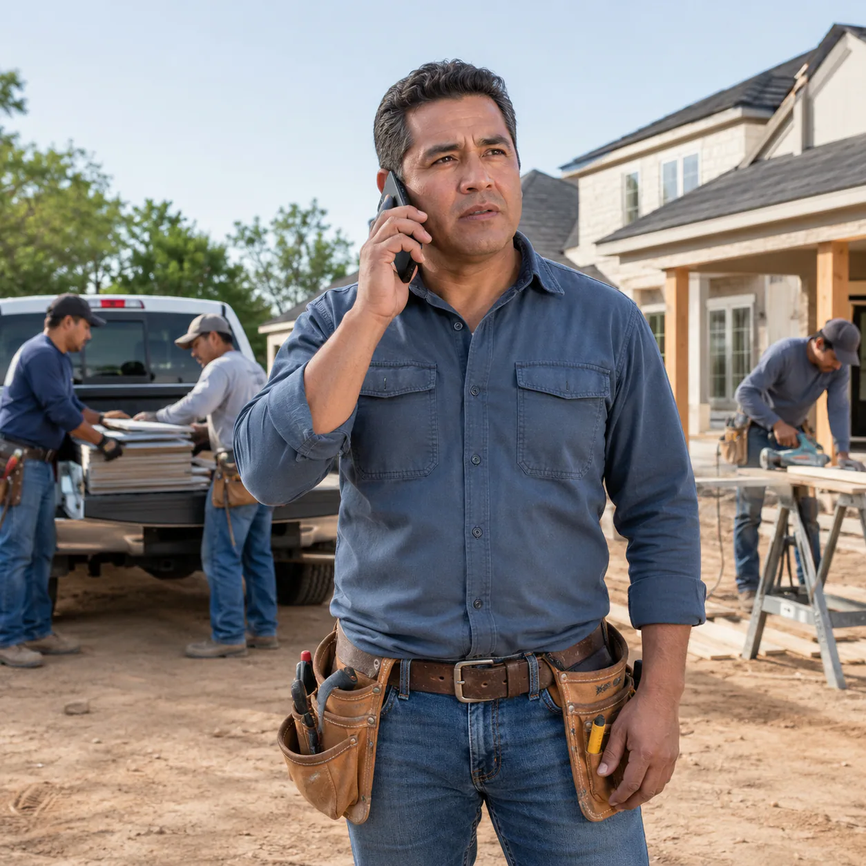 Construction business receiving a new inquiry while the field team keeps working